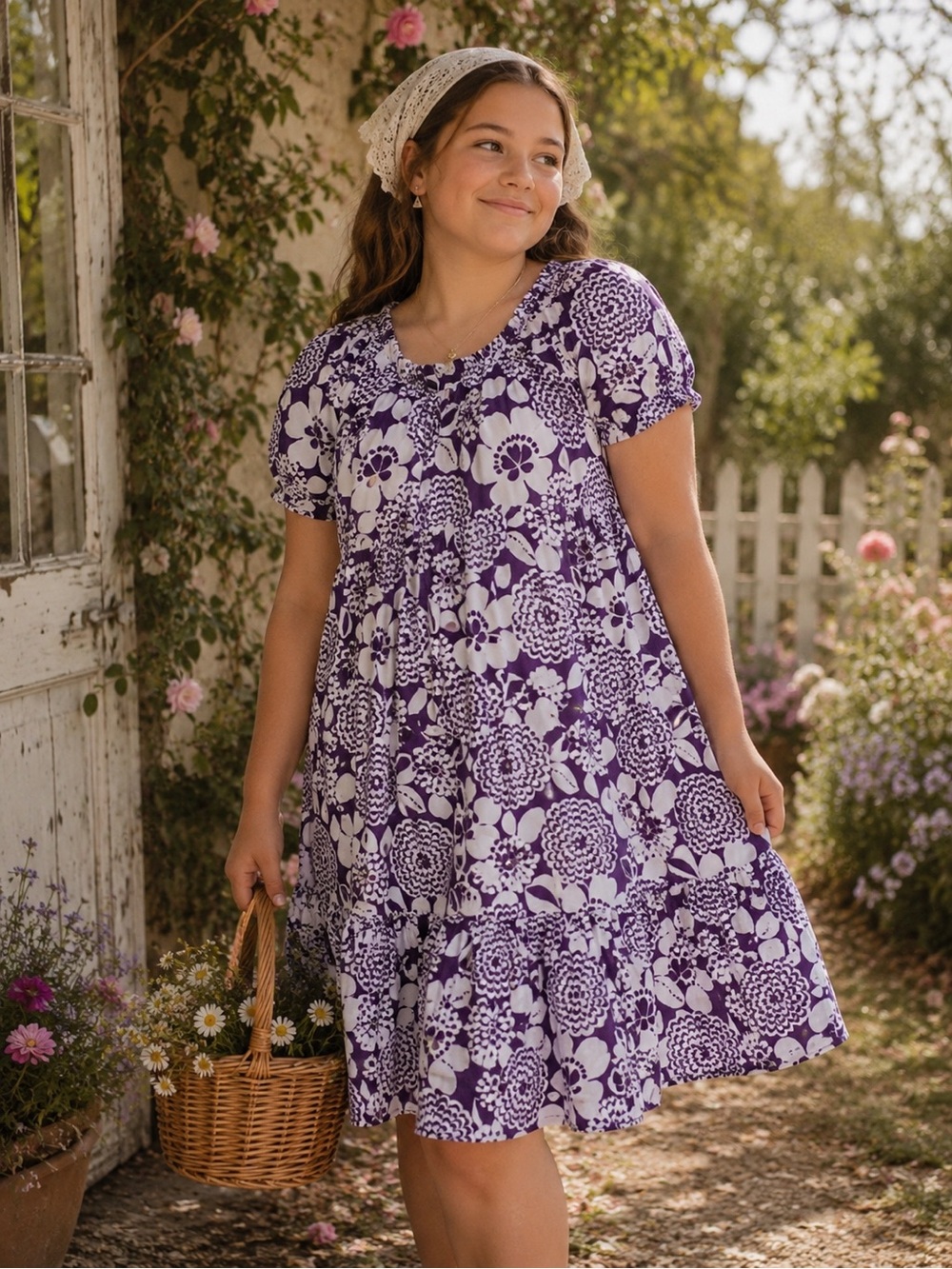 Garnet Hill Kids Purple White Floral Tiered Spring Cottagecore Dress Size 12